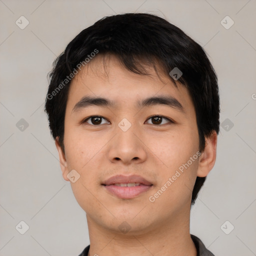 Neutral asian young-adult male with short  black hair and brown eyes