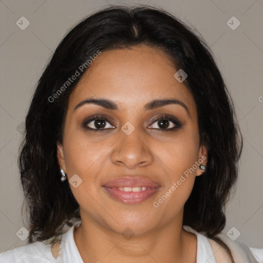 Joyful black young-adult female with medium  brown hair and brown eyes