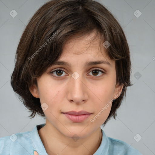 Neutral white young-adult female with medium  brown hair and brown eyes