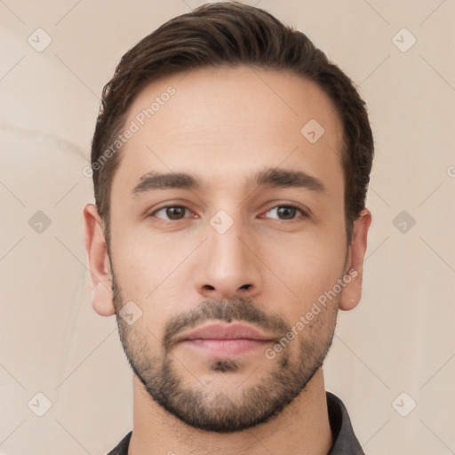 Neutral white young-adult male with short  brown hair and brown eyes