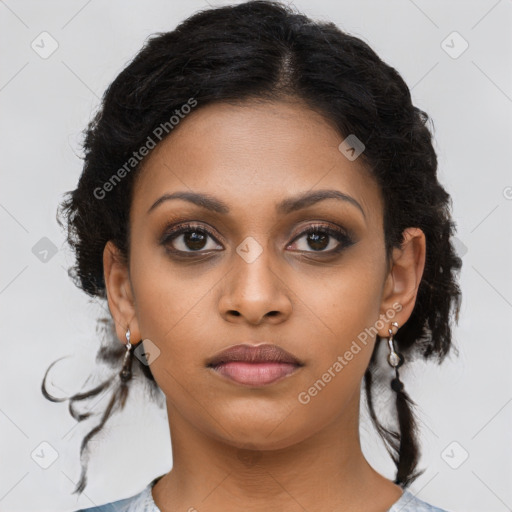 Joyful latino young-adult female with long  brown hair and brown eyes