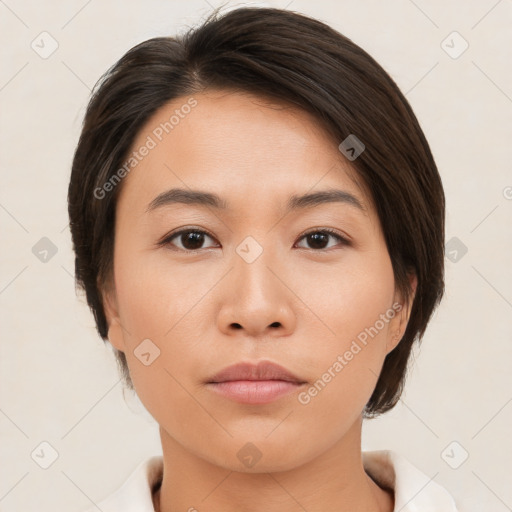 Neutral white young-adult female with medium  brown hair and brown eyes