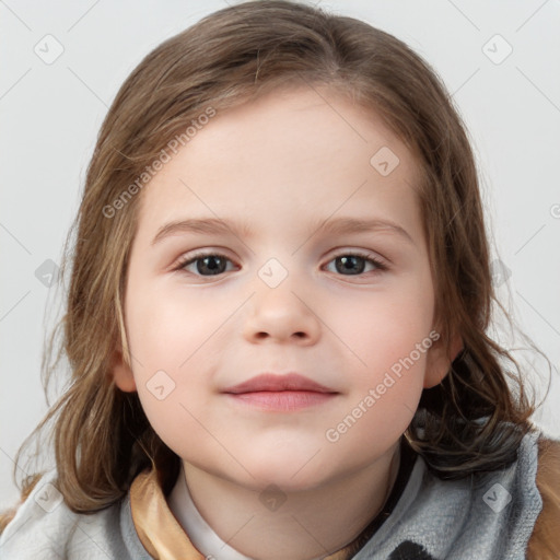 Neutral white child female with medium  brown hair and blue eyes