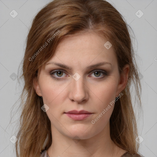 Neutral white young-adult female with long  brown hair and brown eyes