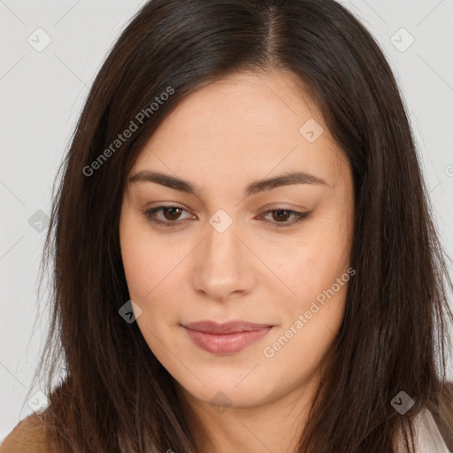 Joyful asian young-adult female with long  brown hair and brown eyes