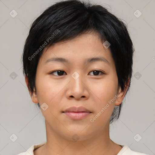 Neutral asian young-adult female with medium  brown hair and brown eyes