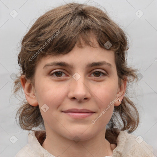 Joyful white child female with medium  brown hair and grey eyes