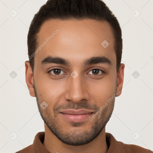 Joyful white young-adult male with short  brown hair and brown eyes