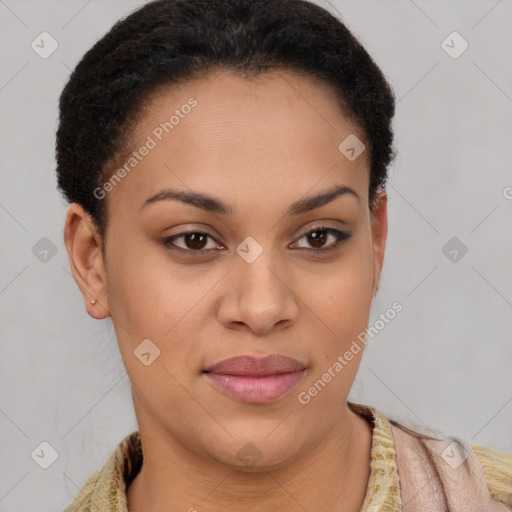 Joyful latino young-adult female with short  brown hair and brown eyes