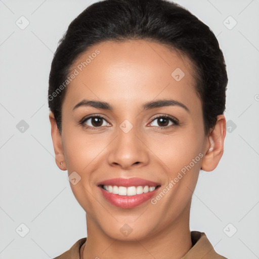 Joyful white young-adult female with short  brown hair and brown eyes