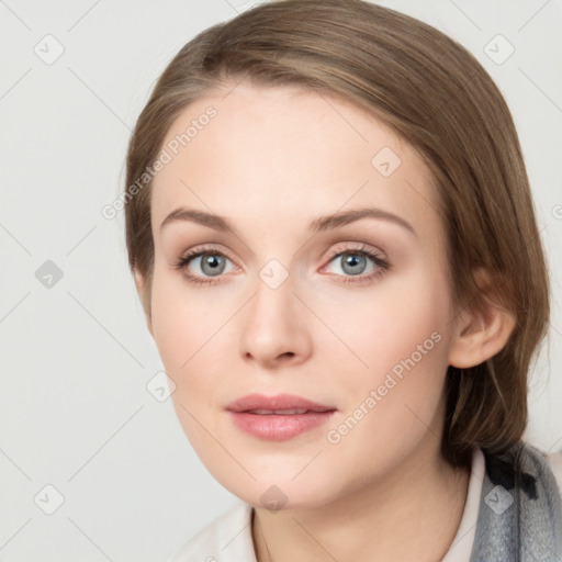 Neutral white young-adult female with medium  brown hair and grey eyes