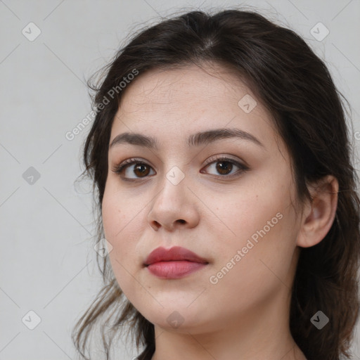 Neutral white young-adult female with medium  brown hair and brown eyes