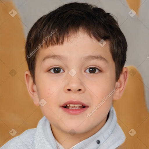 Joyful white child male with short  brown hair and brown eyes