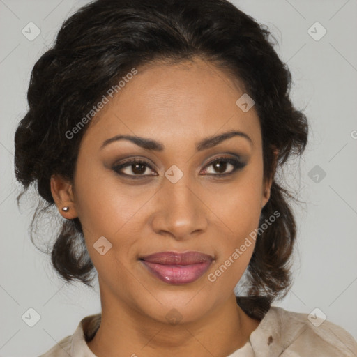 Joyful black young-adult female with medium  brown hair and brown eyes