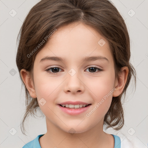 Joyful white child female with medium  brown hair and brown eyes