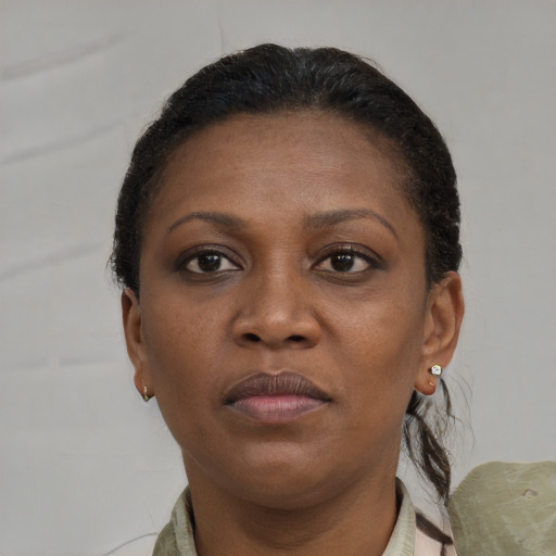Neutral black young-adult female with short  brown hair and brown eyes