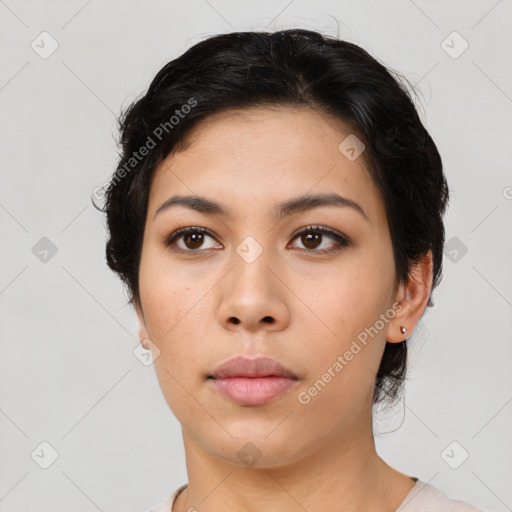 Neutral asian young-adult female with medium  black hair and brown eyes