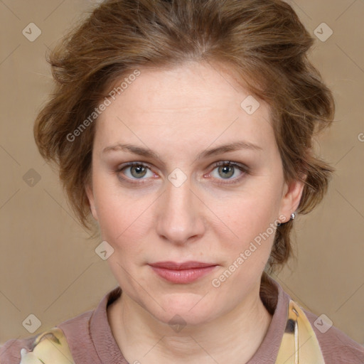 Joyful white young-adult female with medium  brown hair and blue eyes