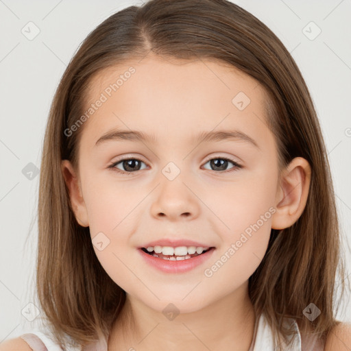 Joyful white child female with medium  brown hair and brown eyes