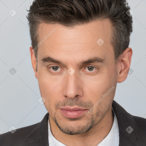 Neutral white adult male with short  brown hair and brown eyes