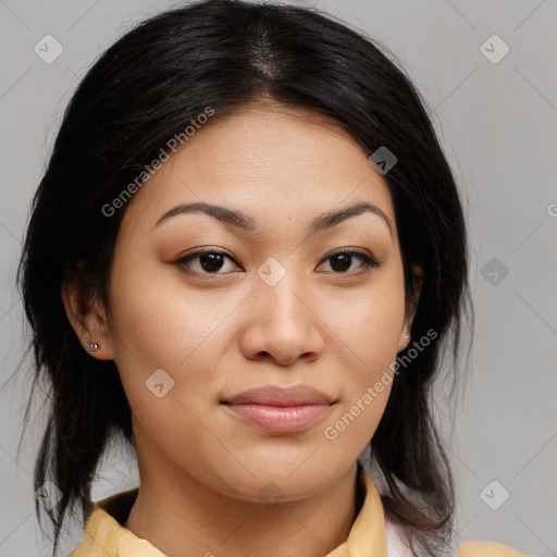 Joyful asian young-adult female with medium  brown hair and brown eyes