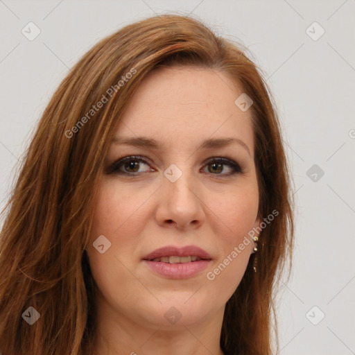 Joyful white young-adult female with long  brown hair and green eyes