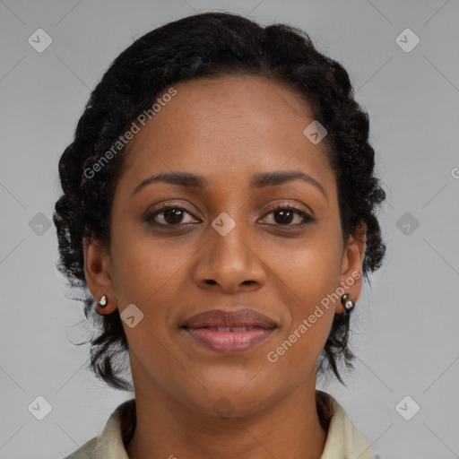 Joyful black young-adult female with medium  brown hair and brown eyes