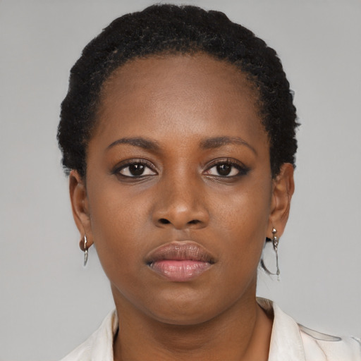 Neutral black young-adult female with short  brown hair and brown eyes