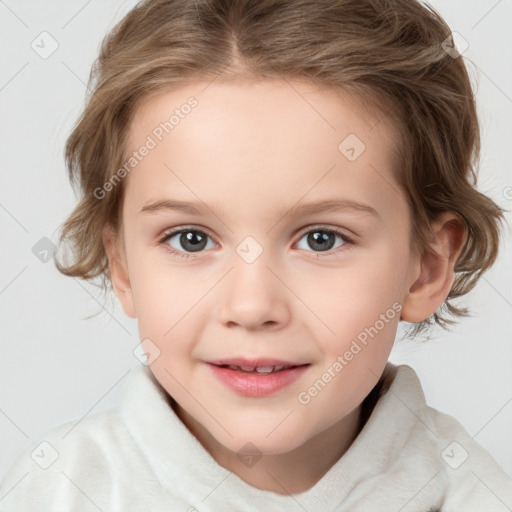 Joyful white child female with medium  brown hair and grey eyes