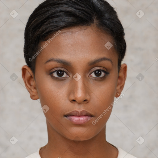 Neutral asian young-adult female with short  brown hair and brown eyes