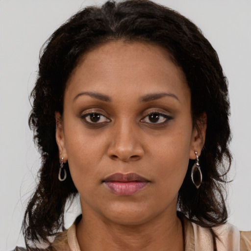 Neutral latino young-adult female with long  brown hair and brown eyes