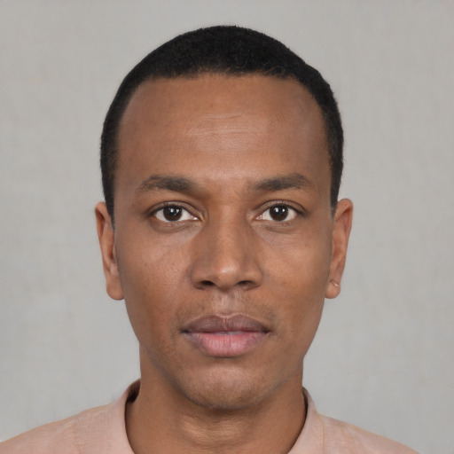 Neutral black young-adult male with short  black hair and brown eyes