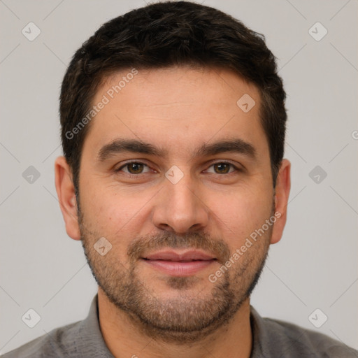 Joyful white young-adult male with short  brown hair and brown eyes