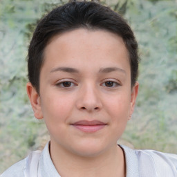 Joyful white child female with short  brown hair and brown eyes