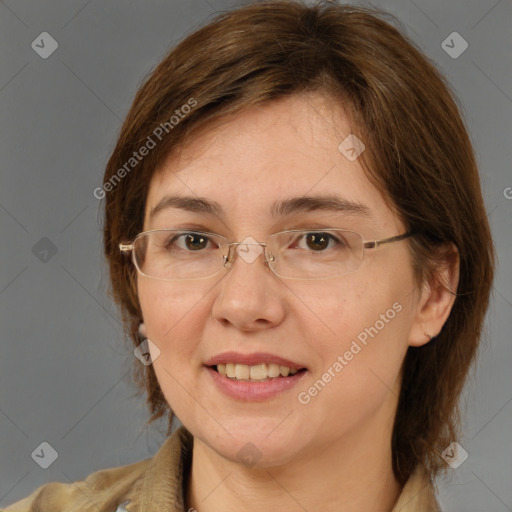 Joyful white adult female with medium  brown hair and brown eyes