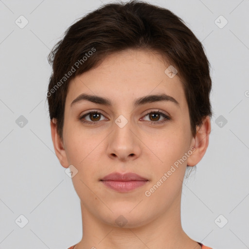 Neutral white young-adult female with short  brown hair and brown eyes