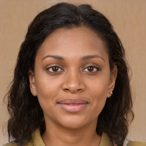 Joyful white young-adult female with medium  brown hair and brown eyes