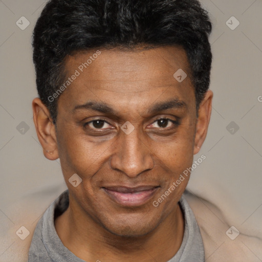 Joyful black adult male with short  black hair and brown eyes