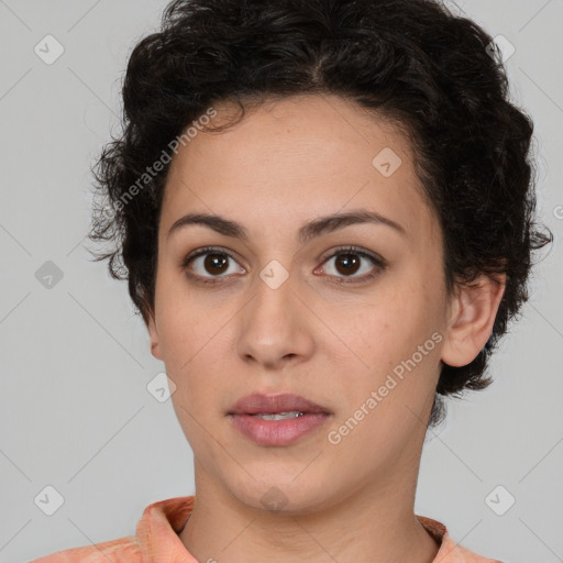 Neutral white young-adult female with short  brown hair and brown eyes