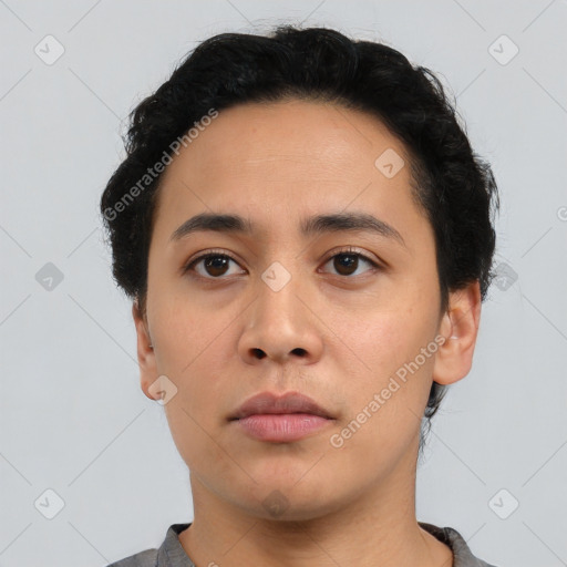 Neutral asian young-adult male with short  black hair and brown eyes