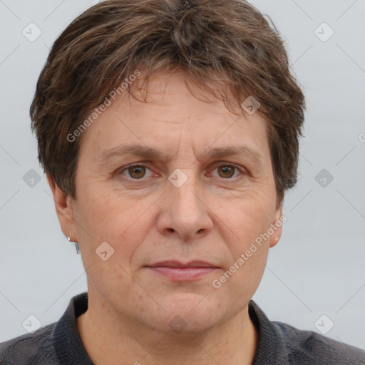 Joyful white adult male with short  brown hair and grey eyes