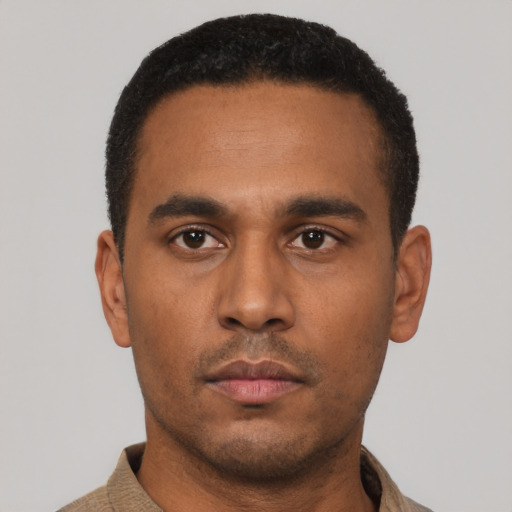 Neutral latino young-adult male with short  black hair and brown eyes