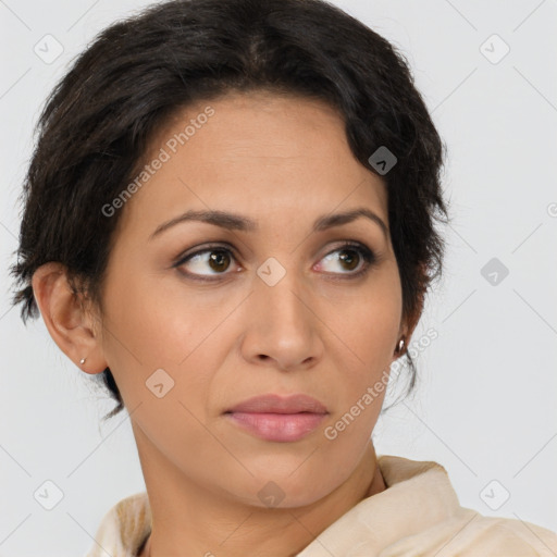 Joyful latino young-adult female with short  brown hair and brown eyes