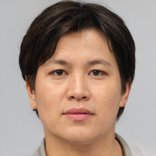 Neutral asian adult male with short  brown hair and brown eyes