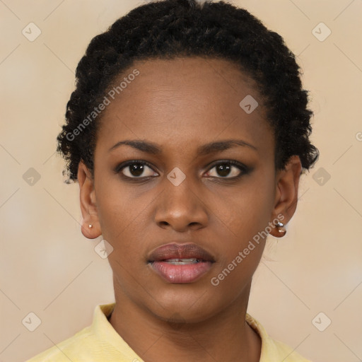 Neutral black young-adult female with short  black hair and brown eyes