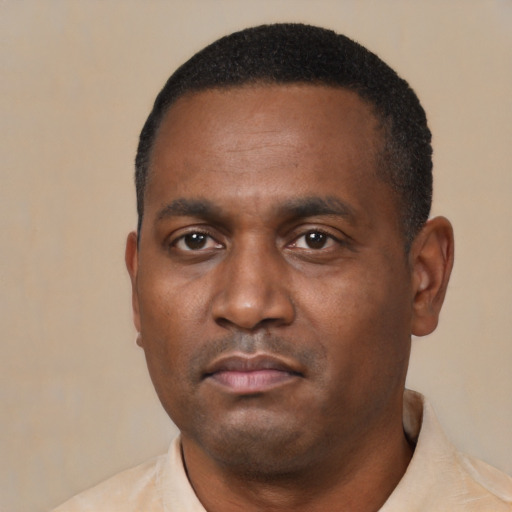 Neutral black young-adult male with short  black hair and brown eyes