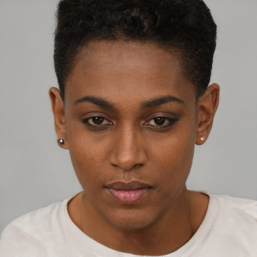 Neutral black young-adult female with short  brown hair and brown eyes