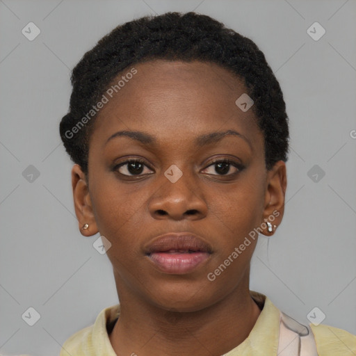 Neutral black young-adult female with short  brown hair and brown eyes