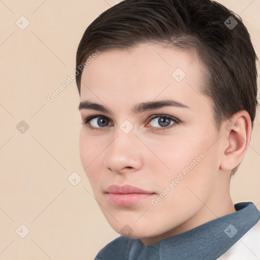 Neutral white young-adult female with short  brown hair and brown eyes