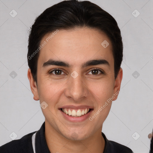 Joyful white young-adult male with short  brown hair and brown eyes